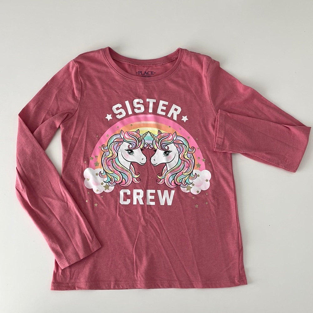 [ The Children’s Place Dusty Rose SISTER CREW Unicorn Long Sleeve Tee ] M 7-8